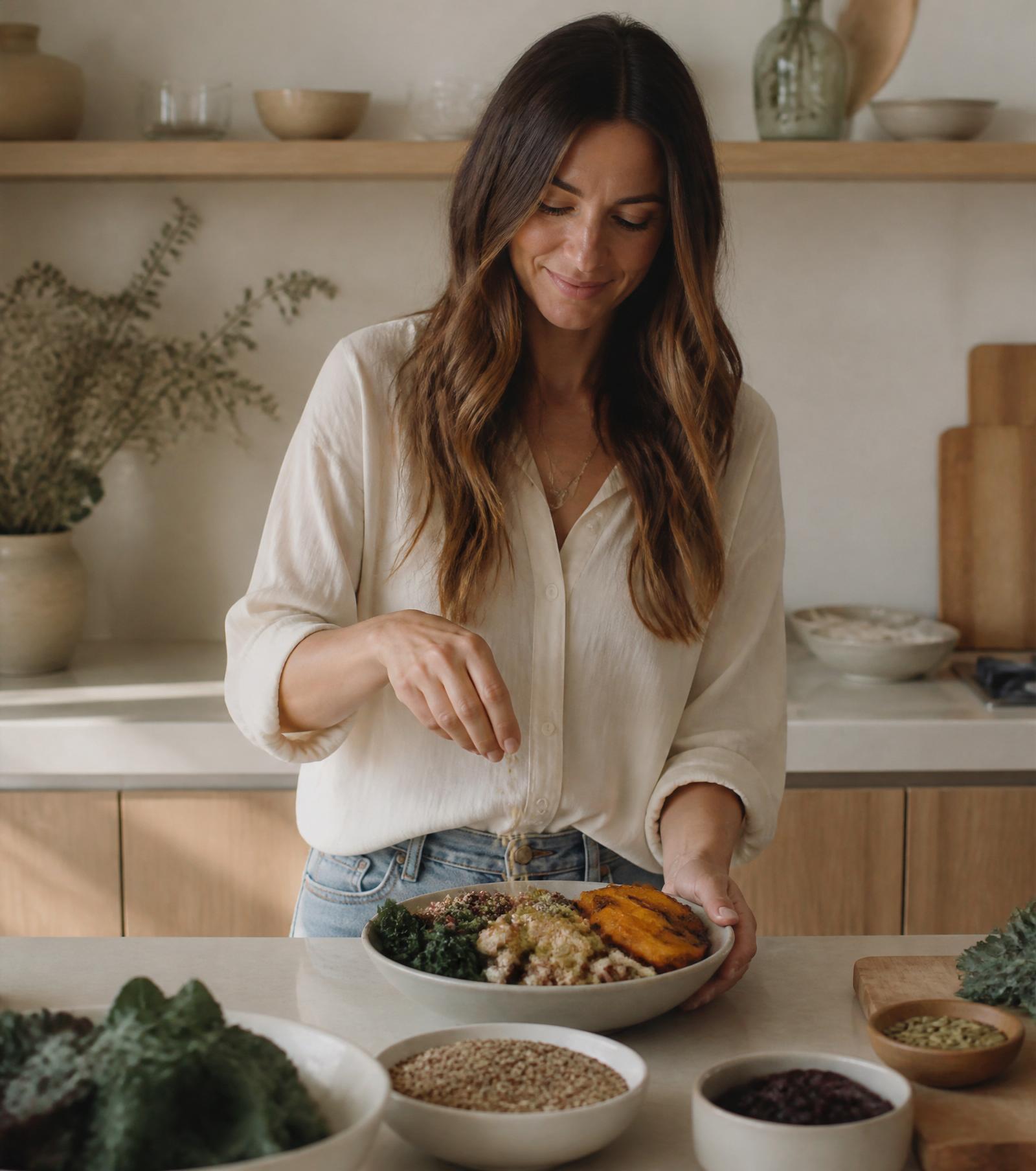 Nutricionista preparando un plato equilibrado en una cocina luminosa